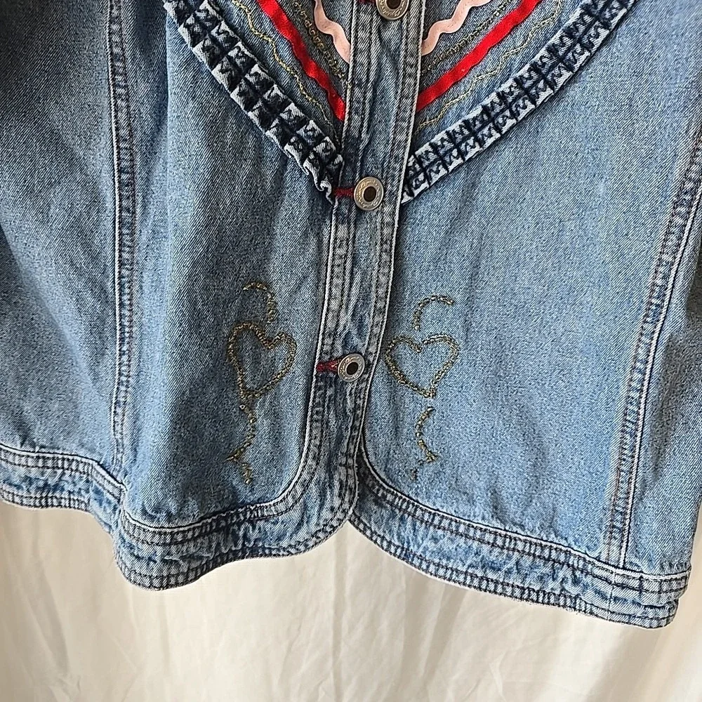 Crystal Kobe Denim Jacket With Fabric & Beaded Heart Designs Button-Up Size S‎